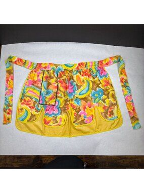 Vintage Handmade Reversible Half Apron With Pockets In Bright Floral Design